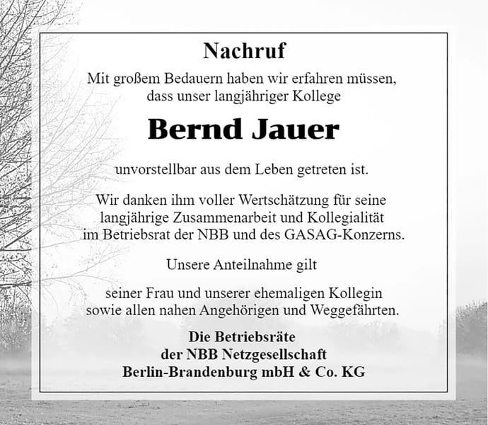 Traueranzeige Bernd Jauer