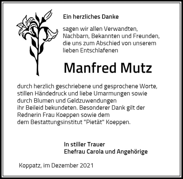 Danksagung Manfred Mutz