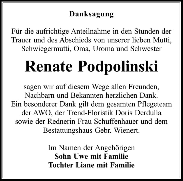 Danksagung Renate Podpolinski