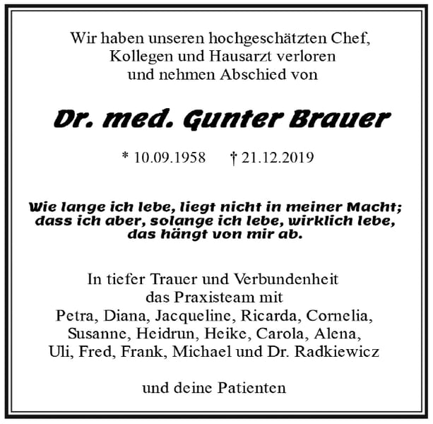 Traueranzeige Dr. med. Gunter Brauer