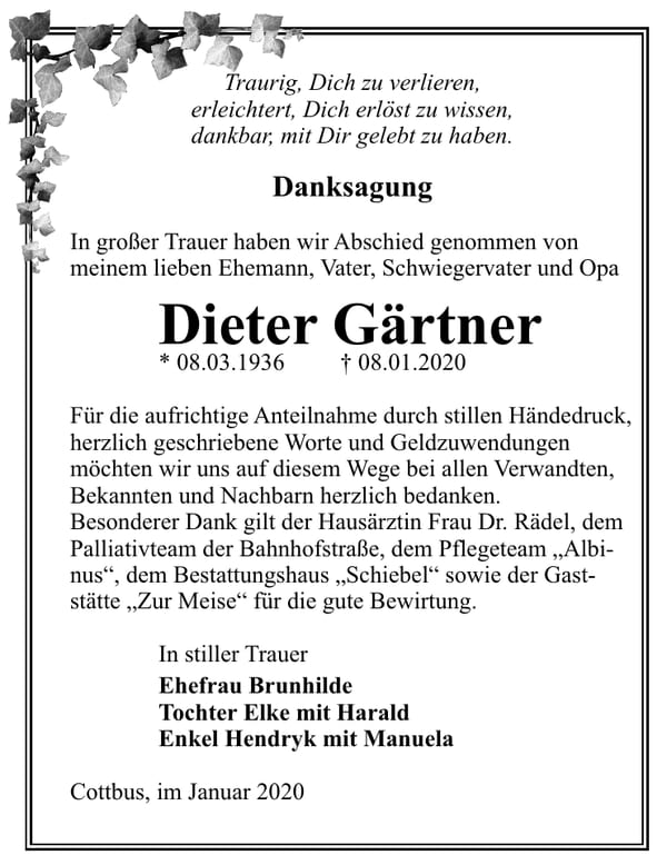 Traueranzeige Dieter Gärtner