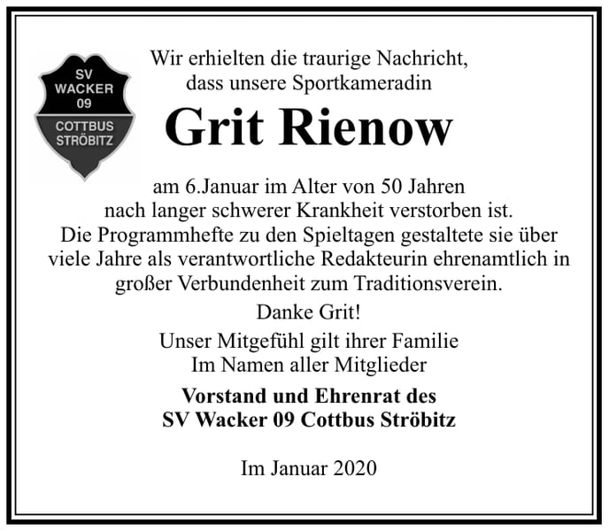Traueranzeige Grit Rienow
