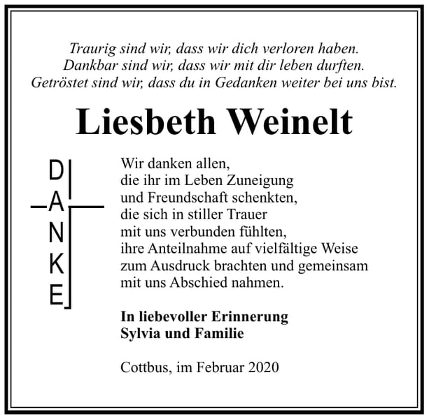 Traueranzeige Liesbeth Weinelt