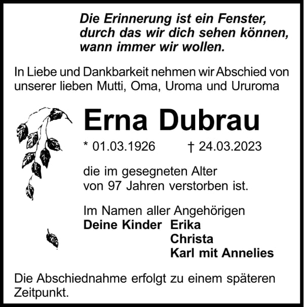Traueranzeige Erna Dubrau