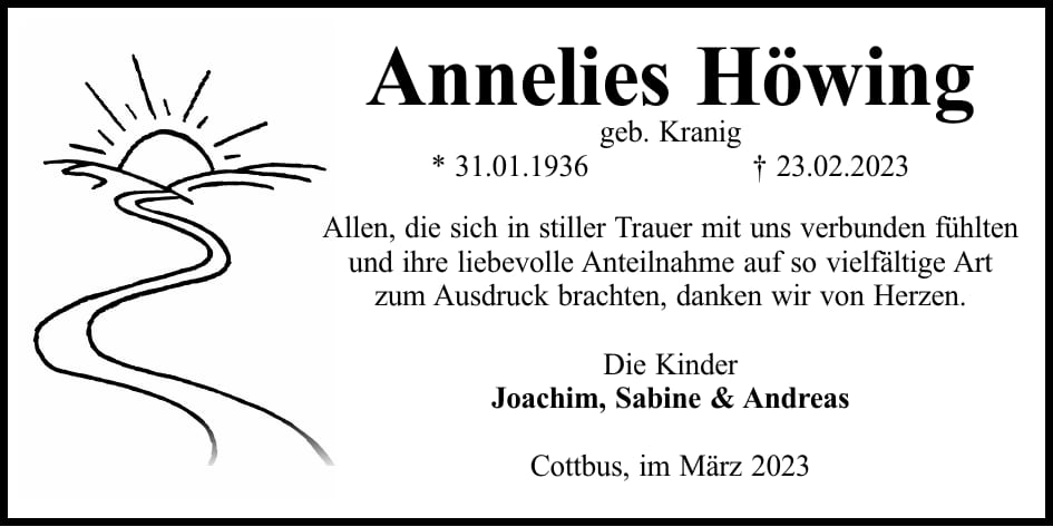 Danksagung Annelies Höwing, geb. Kranig