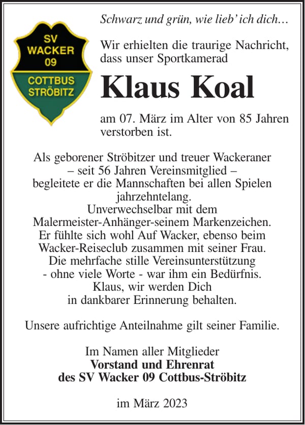 Nachruf Klaus Koal