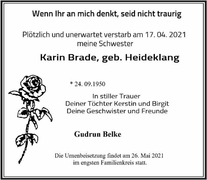 Traueranzeige Karin Brade, geb. Heideklang