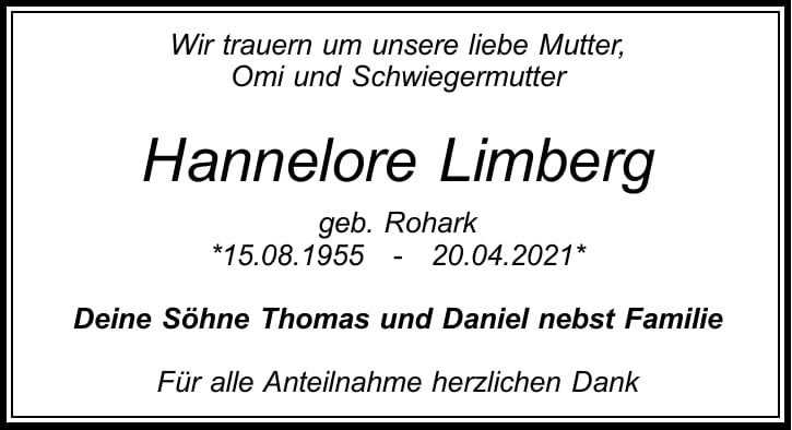 Traueranzeige Hannelore Limberg, geb. Rohark