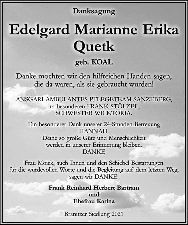 Danksagung Edelgard Marianne Erika Quetk