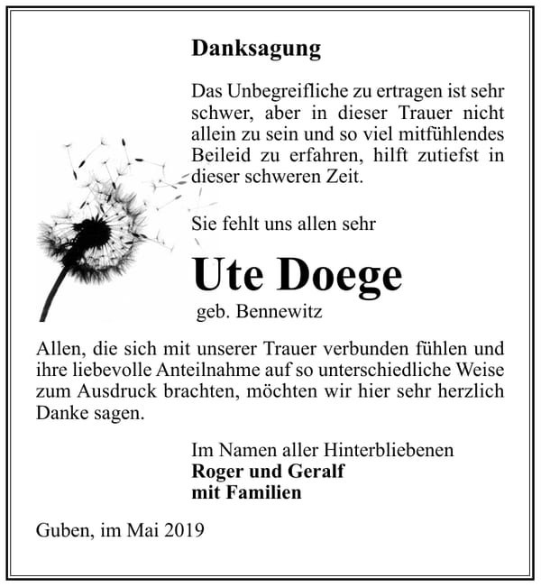 Traueranzeige Ute Doege, geb. Bennewitz