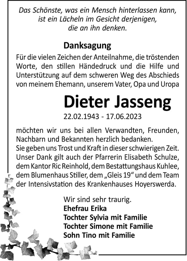Traueranzeige Dieter Jasseng