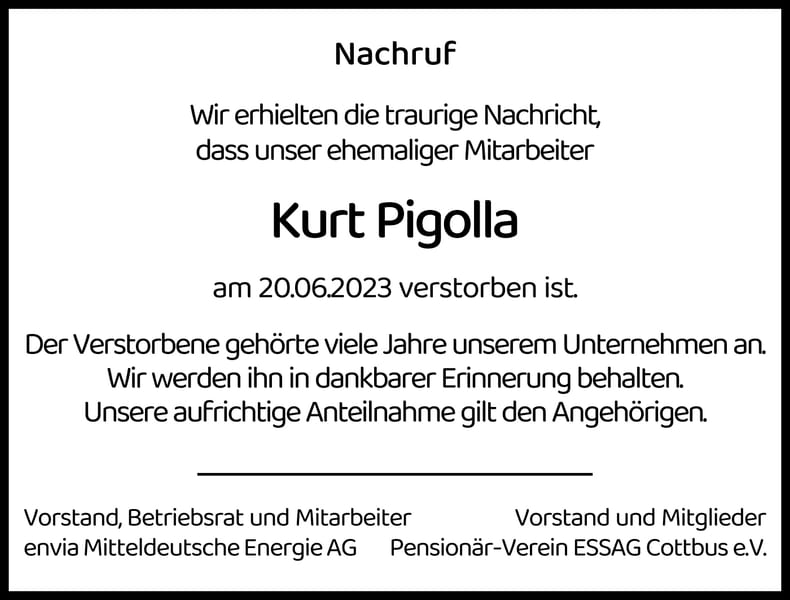 Nachruf Kurt Pigolla