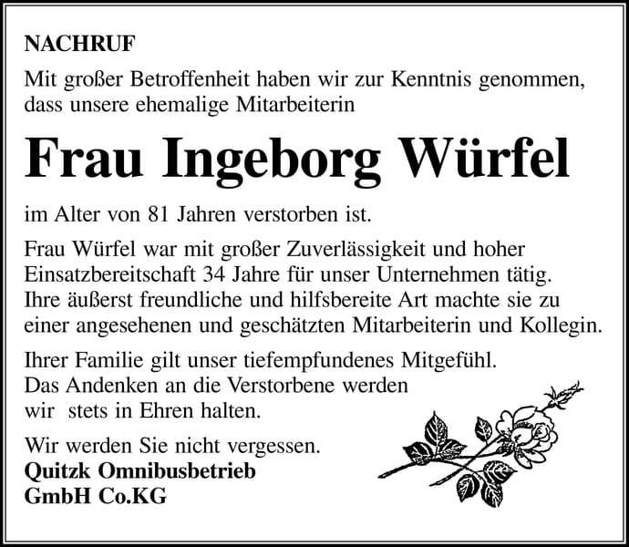 Nachruf Ingeborg Würfel