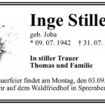 Traueranzeige Inge Stiller, geb. Joba