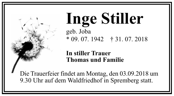 Traueranzeige Inge Stiller, geb. Joba
