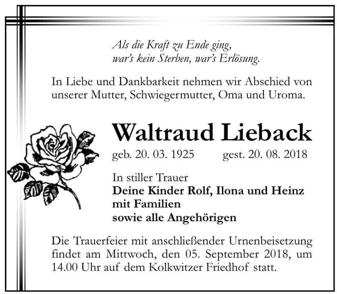 Traueranzeige Waltraud Lieback