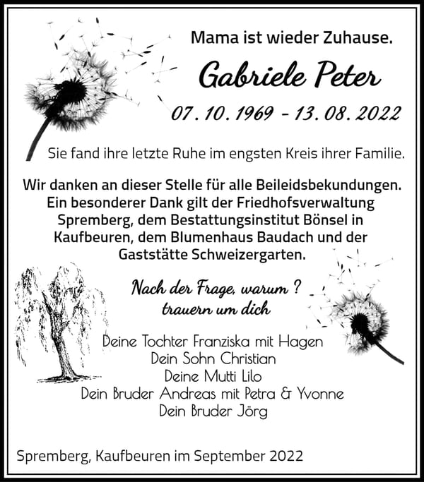 Danksagung Gabriele Peter