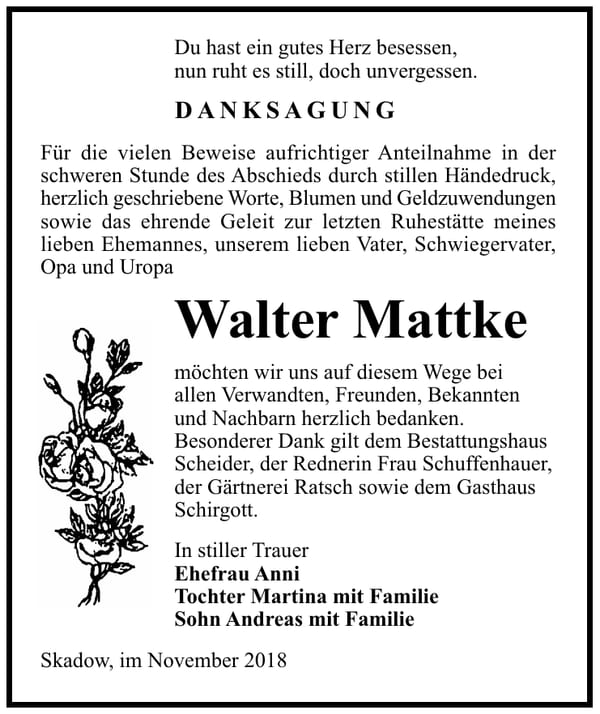 Danksagung Walter Mattke