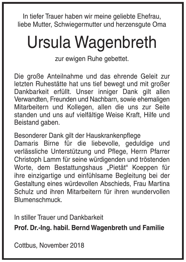 Danksagung Ursula Wagenbreth