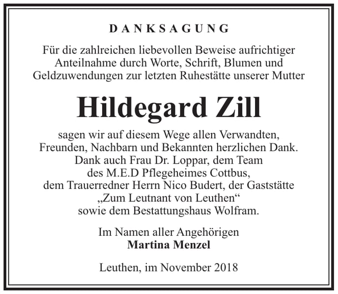 Danksagung Hildegard Zill