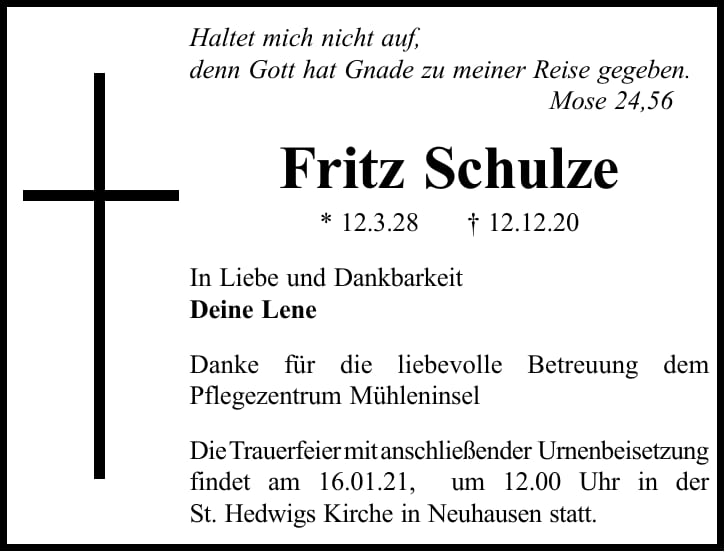 Traueranzeige Fritz Schulze