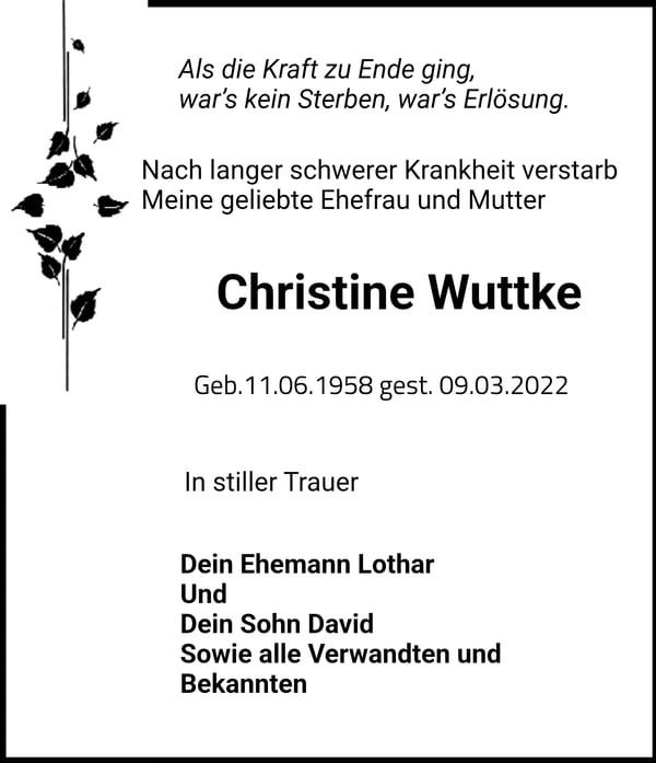 Traueranzeige Christine Wuttke