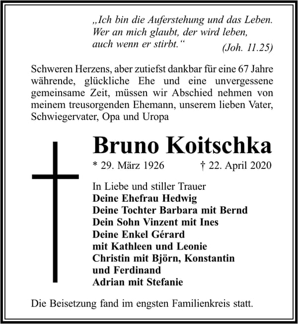 Traueranzeige Bruno Koitschka