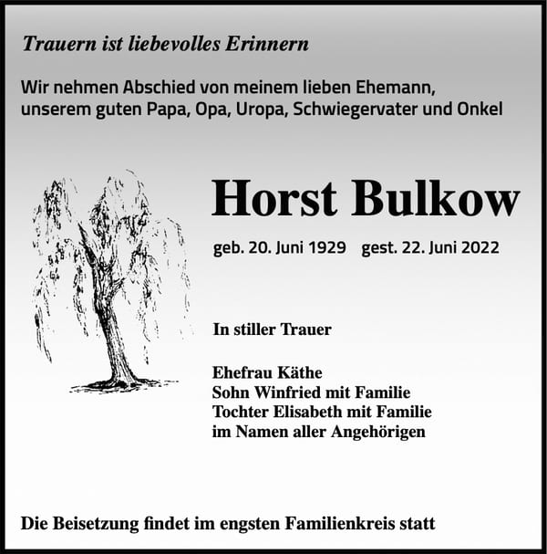 Traueranzeige Horst Bulkow