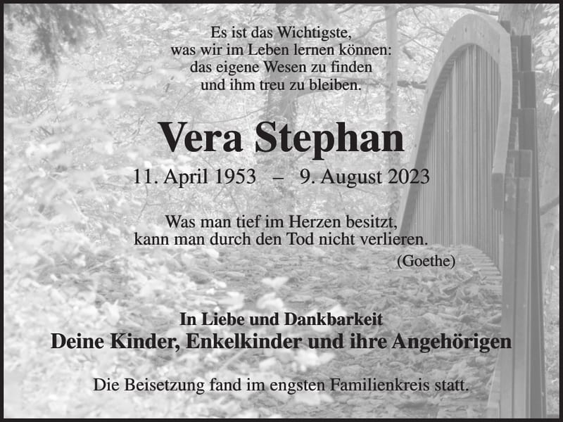 Traueranzeige Vera Stephan