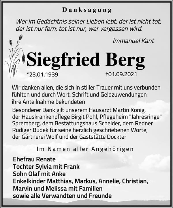 Danksagung Siegfried Berg