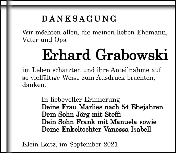 Danksagung Erhard Grabowski