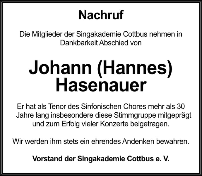 Nachruf Johann (Hannes) Hasenauer
