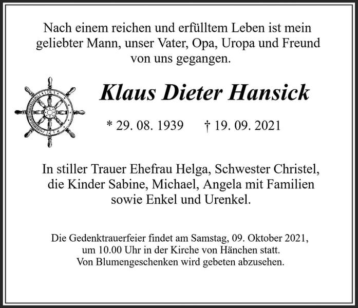 Traueranzeige Klaus Dieter Hansick