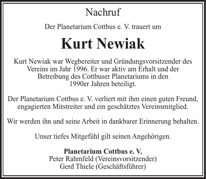 Nachruf Kurt Newiak