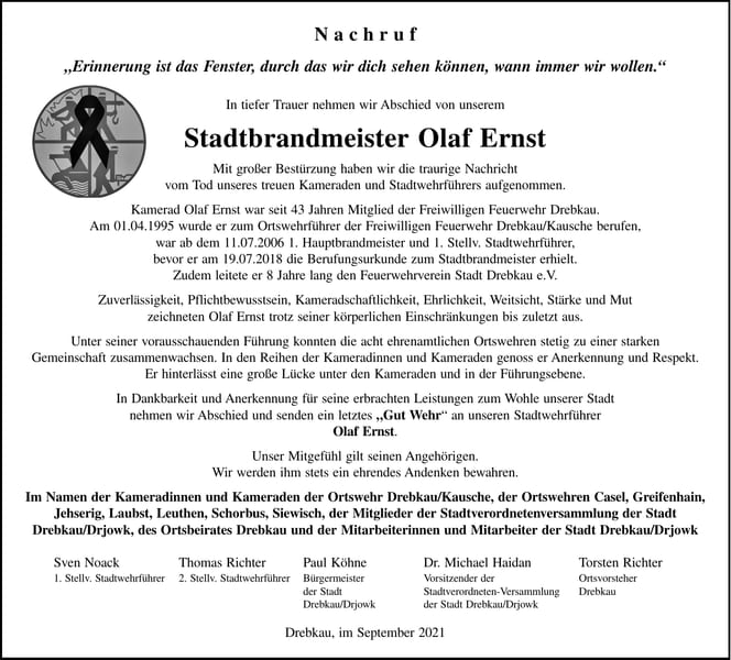 Nachruf Stadtbrandmeister Olaf Ernst