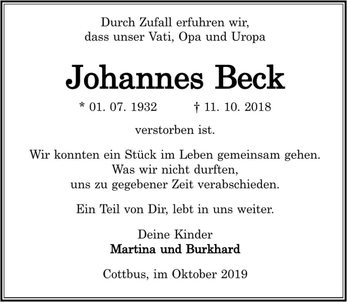 Nachruf Johannes Beck