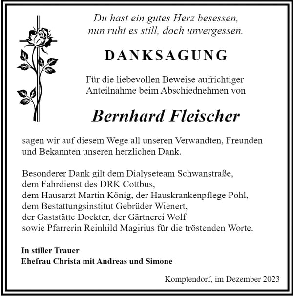 Danksagung Bernhard Fleischer