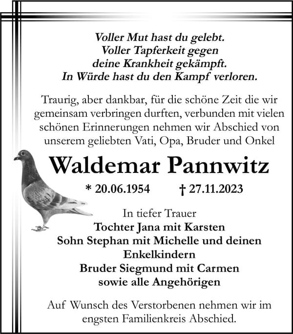 Traueranzeige Waldemar Pannwitz