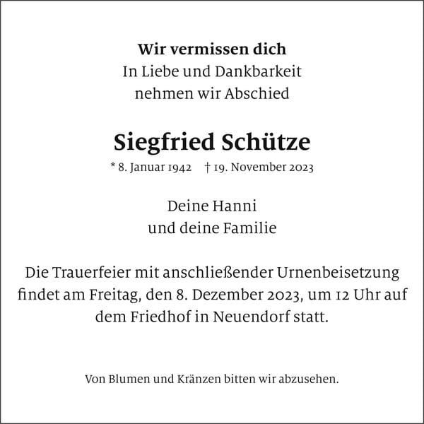 Traueranzeige Siegfried Schütze