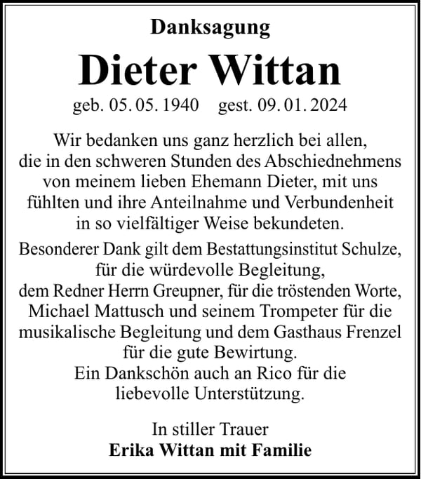 Danksagung Dieter Wittan