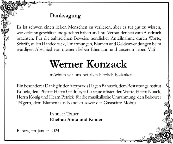 Danksagung Werner Konzack