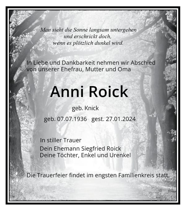 Traueranzeige Anni Roick, geb. Knick