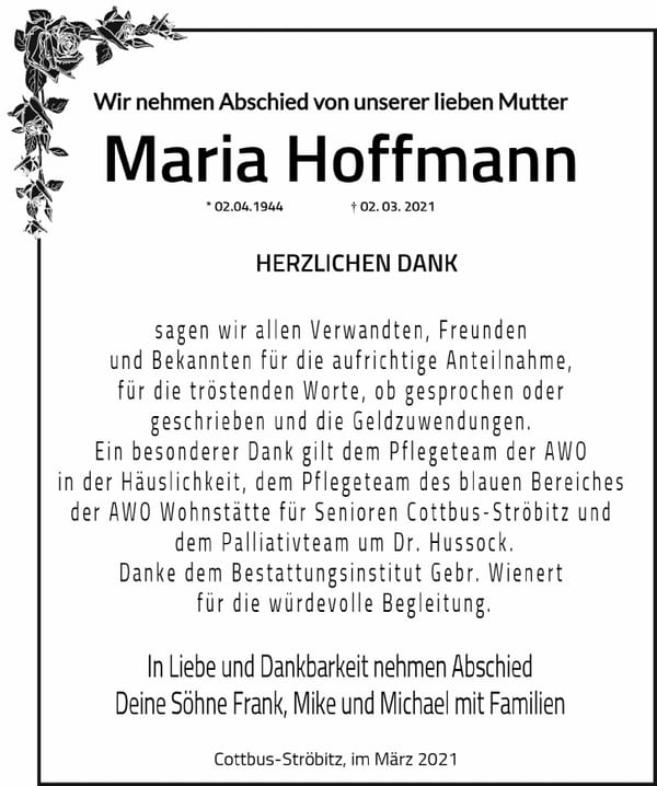 Traueranzeige Maria Hoffmann