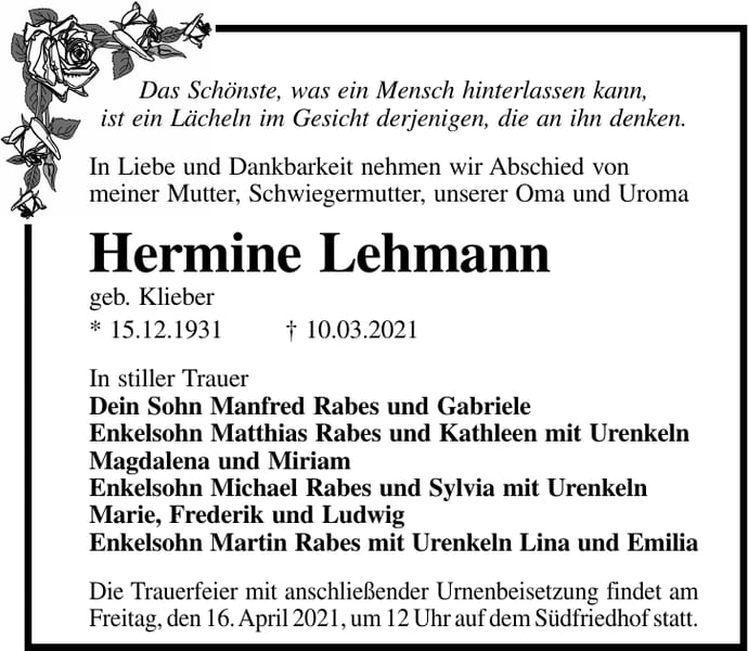 Traueranzeige Hermine Lehmann, geb. Klieber
