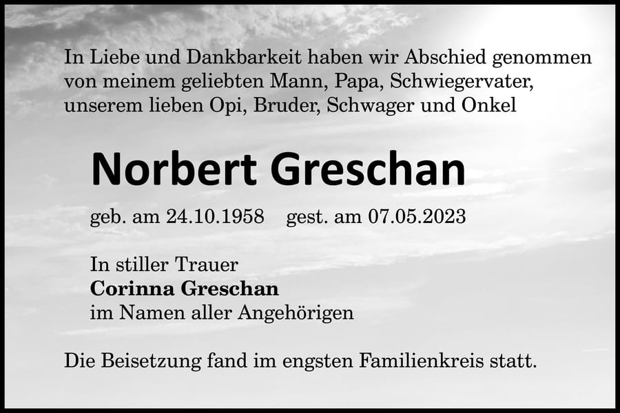 Traueranzeige Norbert Greschan