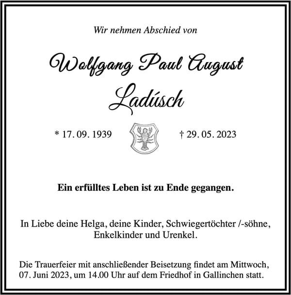 Traueranzeige Wolfgang Paul August Ladusch