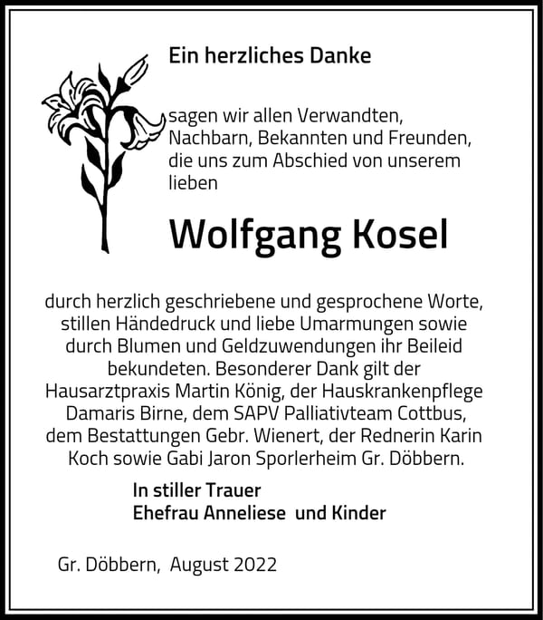 Danksagung Wolfgang Kosel