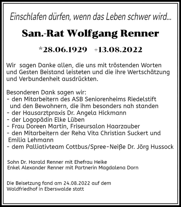 Danksagung San.-Rat Wolfgang Renner