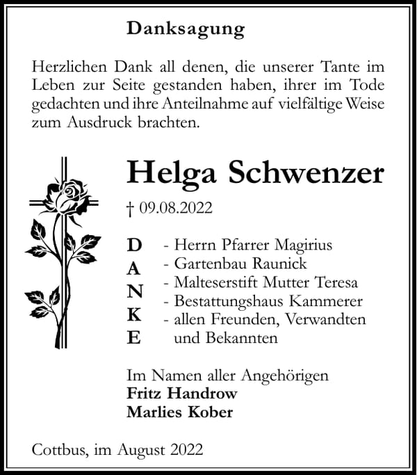 Danksagung Helga Schwenzer