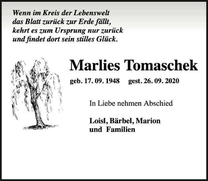 Traueranzeige Marlies Tomaschek